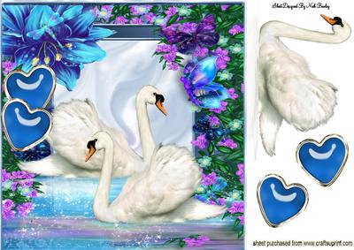 White Swans with Hearts and Fantasy Flowers 8x8