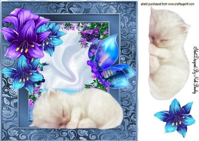 Sleepy White Kitten Among the Fantasy Flowers 8x8