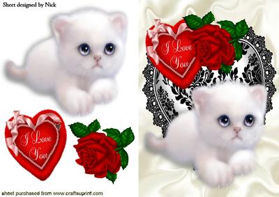 I Love You Heart with Rose and Kitten