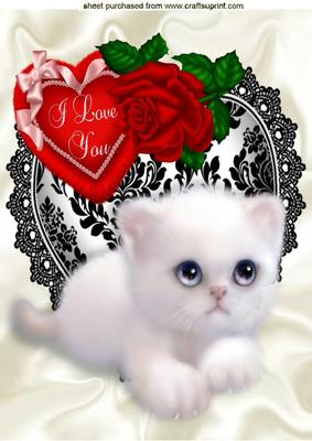 I Love You Heart with Rose and Kitten A4