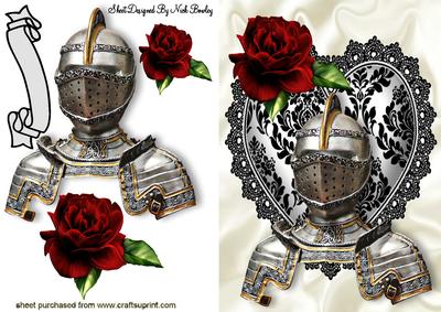 Knight on Black Lace Heart with Red Roses