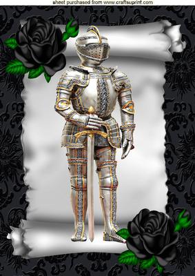Knight in Armour on a Scroll with Black Roses A4