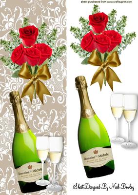 Champers and Bouquet of Red Roses Tall Dl Card