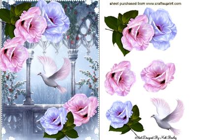 Dove in Fantasy Garden with Pretty Flowers