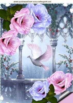 Dove in Fantasy Garden with Pretty Flowers A4