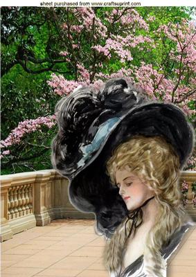 Vintage Lady in Big Hat in Pretty Garden A4