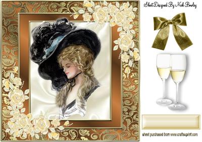 Vintage Lady in Big Hat in Gold Ornate Frame
