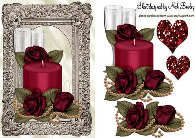 Red Roses with Pretty Candle in Antique Frame