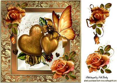 Gold Hearts with Gold Butterfly and Roses 8x8 Card