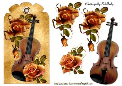 Violin and Gold Roses on Vintage Tag