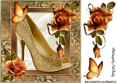 Gold Shoe with Butterfly and Gold Roses 8x8