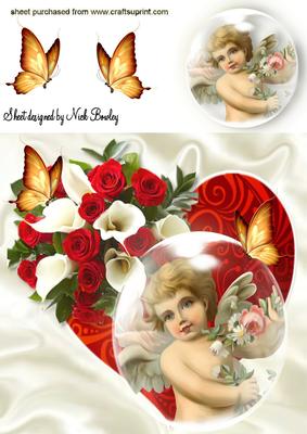 Cherub in Bubble on a Red Heart with Roses 8x8