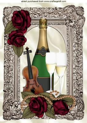 Champers and Violin with Red Roses in Antique Frame A4