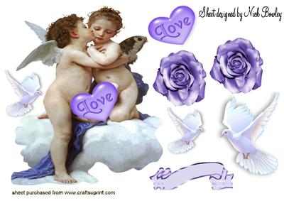 Love Cherubs with Hearts, Doves & Roses A4