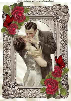 The Kiss, Vintage Couple in Ornate Frame with Roses A4