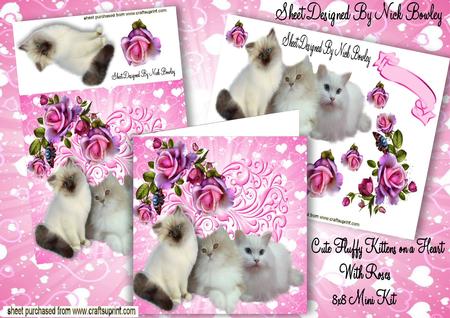 Cute Kitties on a Heart with Roses 8x8 Mini Kit