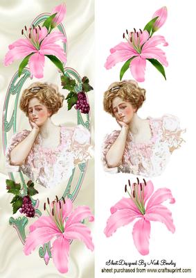 Vintage Lady with Pink Lillies Tall Dl Card