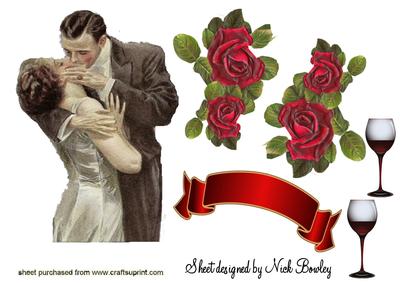 The Kiss! with Lovely Vintage Couple with Red Roses A4