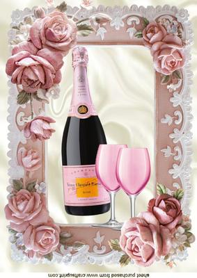 Pink Champagne and Pink Roses in Ornate Frame A4