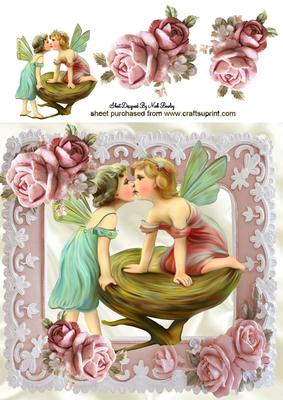 Kissing Faeries in a Pink Rose Frame 8x8