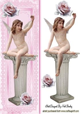 Little Cherub Girl Sitting with Pink Roses Tall Dl