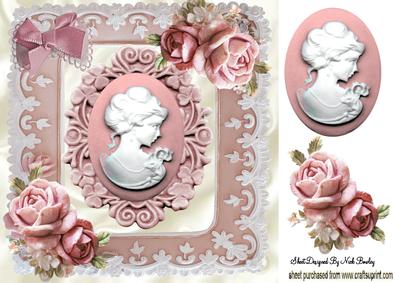 Pretty Cameo, with Pink Roses and Bow 8x8