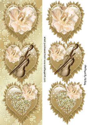Gold Frilled Hearts with Violin & Flowers Tall Dl