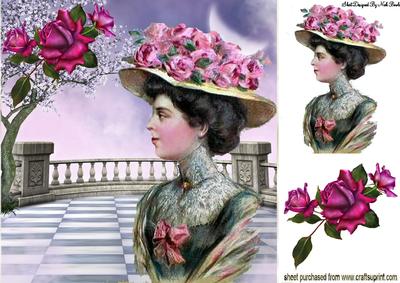 Pretty Vintage Lady with Roses in the Garden 8x8