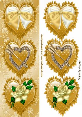 Gold Frill Hearts with Bow, Brooch and Rose Tall Dl