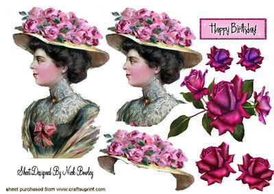 Vintage Lady in Hat with Roses A4