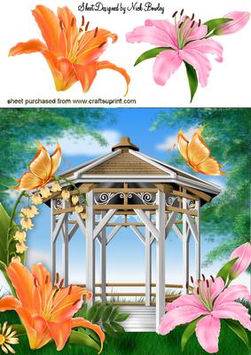Flower Gazebo with Pink Peach Lillies and Butterflies