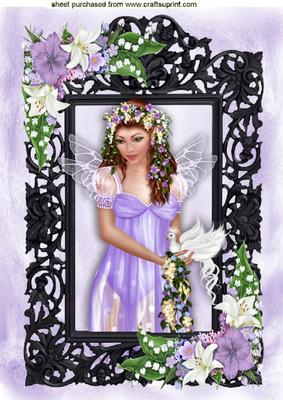Sweet Faerie in Lilac in Ornate Frame with Flowers A4