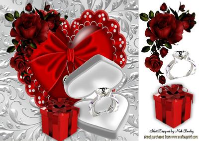 Red Satin Heart with Ring in Box 8x8