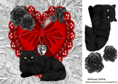 Red Satin Heart with Lucky Black Cat & Roses 8x8