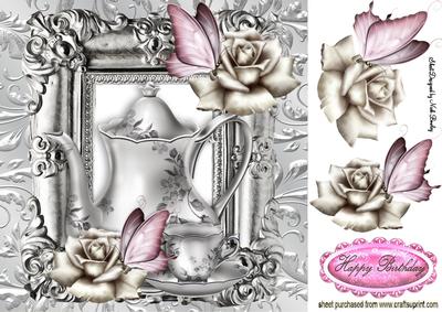 Silver Jug with Roses and Butterflies 8x8