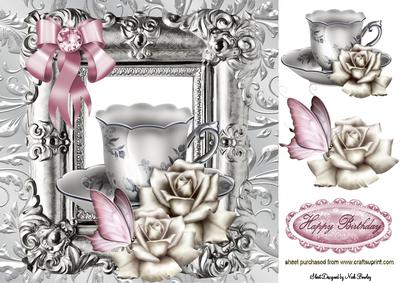 Teacup with Roses and Butterfly in Ornate Frame 8x8