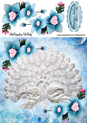 White Lace Peacock with Blue Flowers 8x8