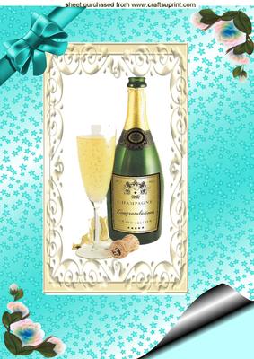 Lovely Bottle of Champagne with Turquiose Bow, A4 Topper
