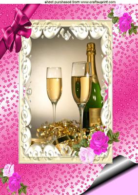 Lovely Bottle of Champagne with Cerise Bow A4 Topper