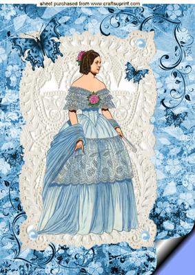 Elegant Victorian Lady on Ecru Lace in Blue Gown A4 Topper