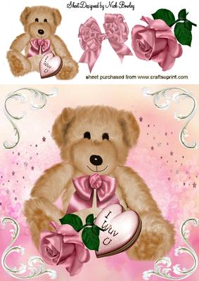 I Wuv U , Cute Teddy Bear with Heart and Rose 8x8