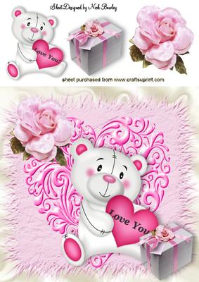 I Love You, Little White Bear with Pink Rose 8x8