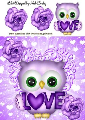 Cute Purple Owl with Love and Roses 8x8