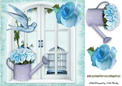 Pretty Window with Bird and Blue Roses 8x8