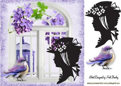Silhouette Lady with Window and Purple Bird 8x8