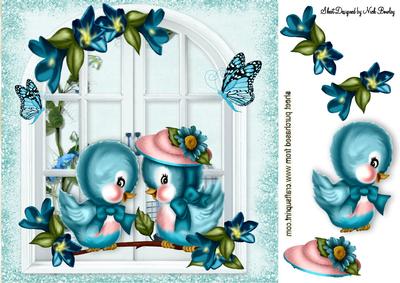 Blue Birds with Window on a Branch with Flowers 8x8