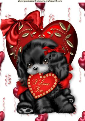 I Love You, Cute Black Puppy on a Heart A4