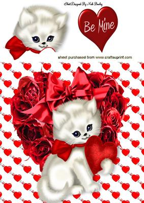 White Kitty on Roses Heart with Bow 8x8