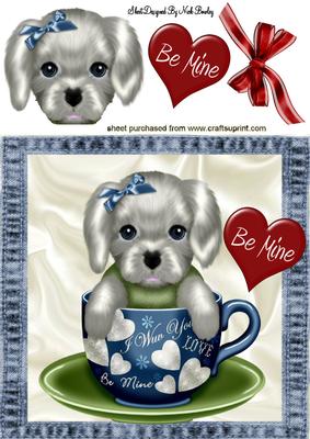 I Wuv You, Puppy in a Teacup in Denim Frame 8x8