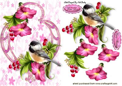Little Bird in Ornate Frame with Petunias